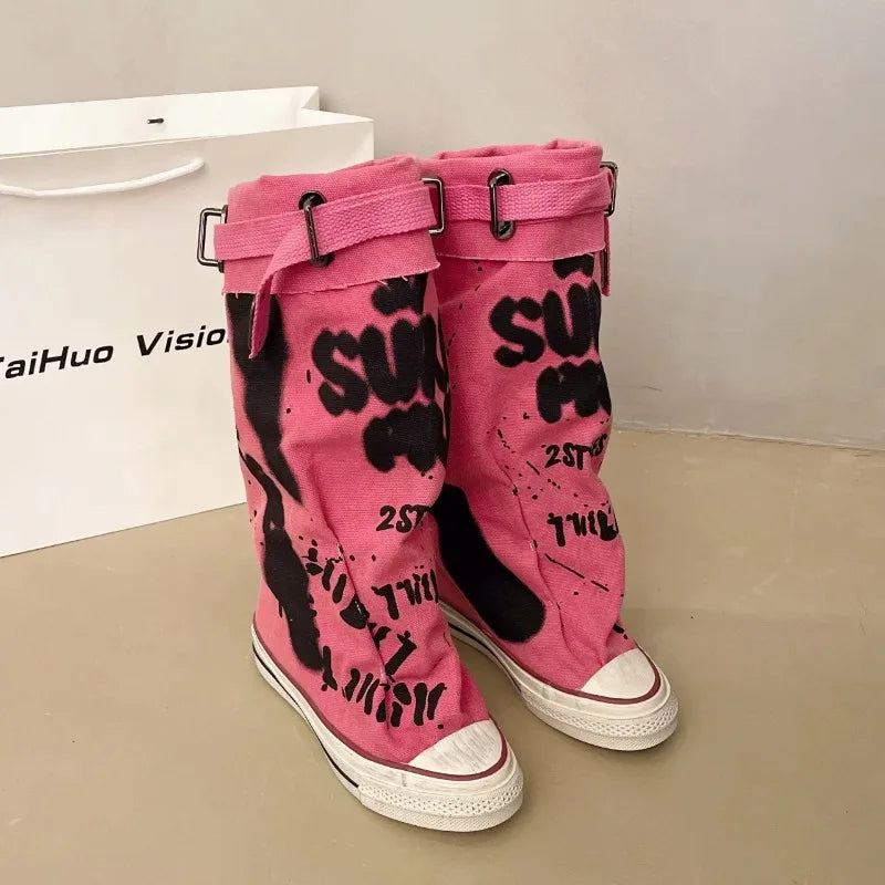 Distressed Breathable Canvas Mid-Calf Boots