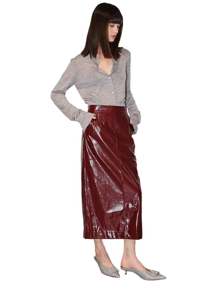 Red Wine High Waist Long Luxury Leather Midi Skirt