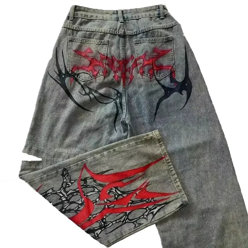 Grunge Embroidery Red Jeans
