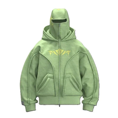 Oversized bestickter Ninja-Kapuzenpullover mit Reißverschluss