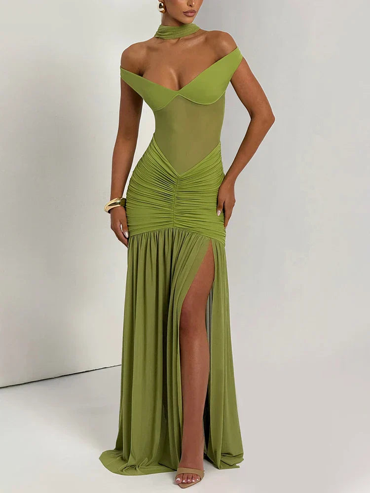 Elegantes gerafftes Maxi-Kleid aus Mesh
