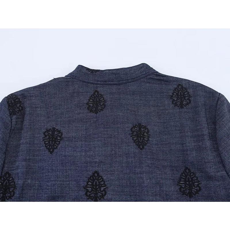 Vintage Women Embroidered Dark Blue Blouse