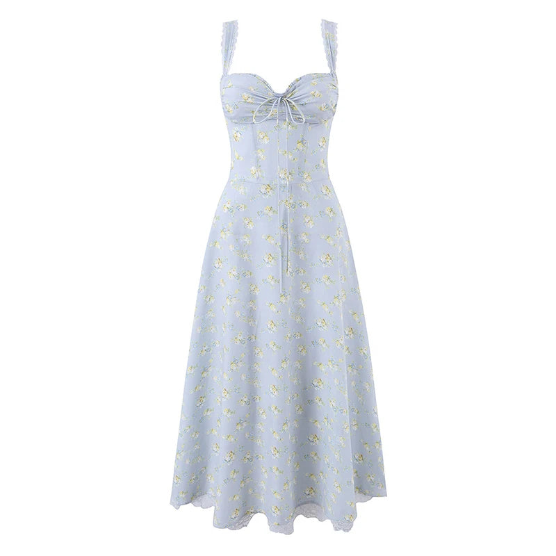 Elegant Floral Print Corset Midi Dress