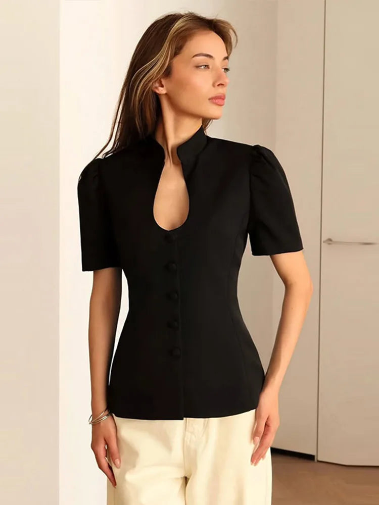 Solid Stand Collar Slim Blazer