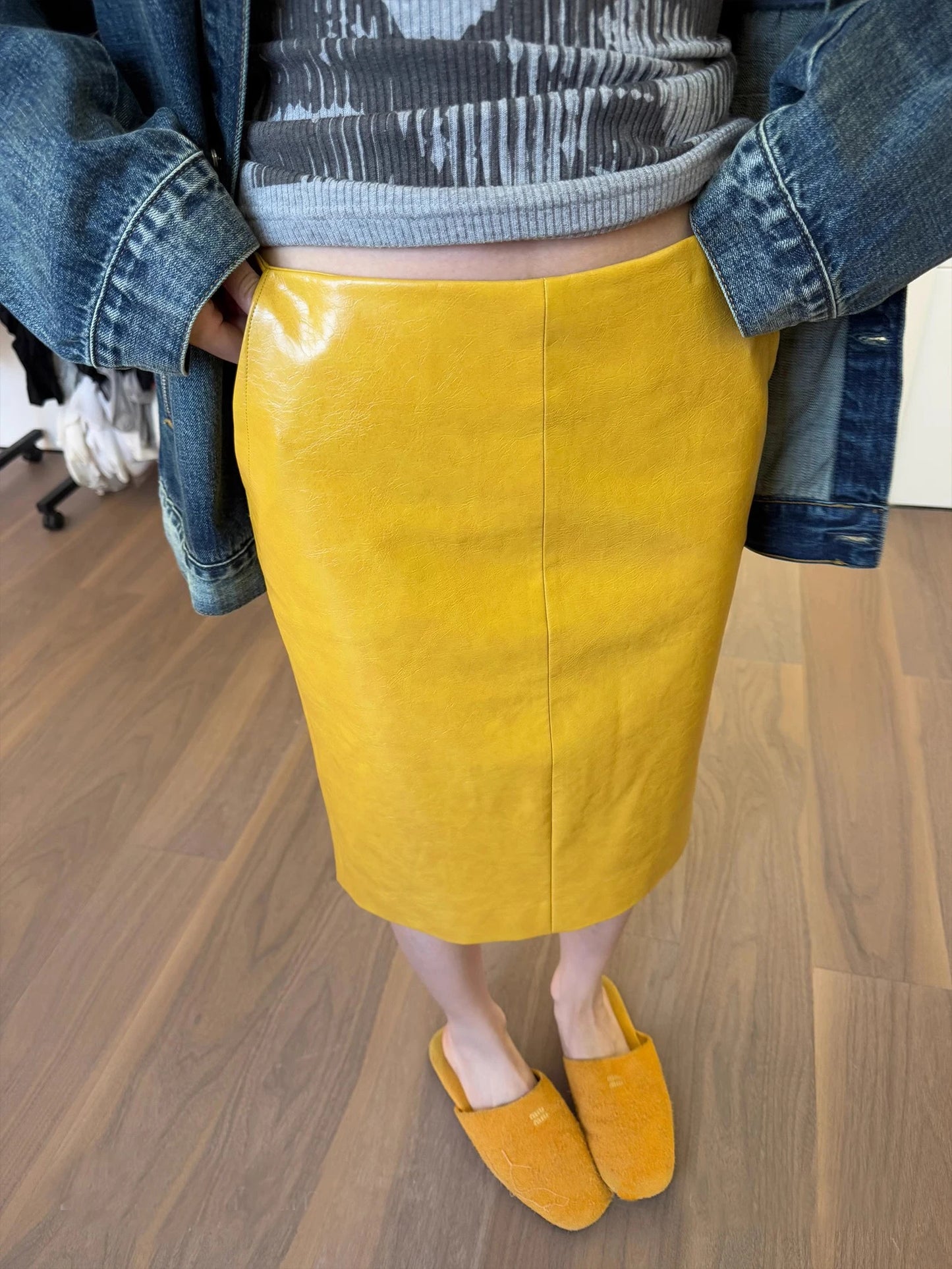 Shiny Reflective Yellow Patent Leather Skirt