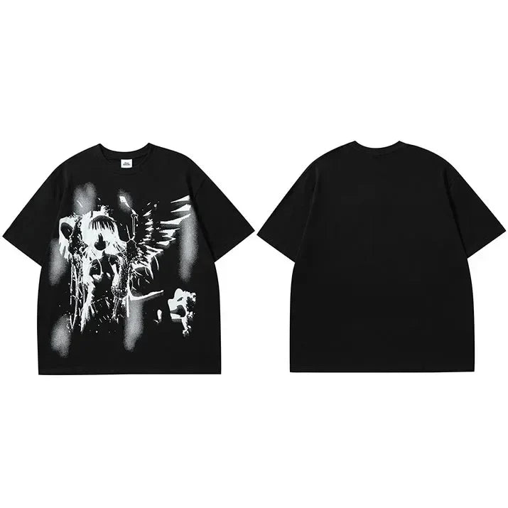 Schwarze Engel-Flügel Grafik Anime T-Shirt