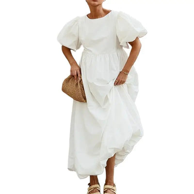 Puff Sleeve Bohemian White Boho Midi Dress