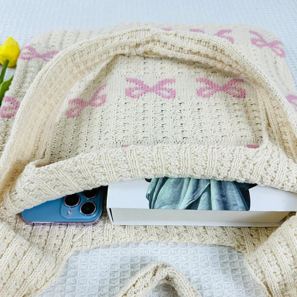 Bow Pattern Knitted Crochet Tote Bag
