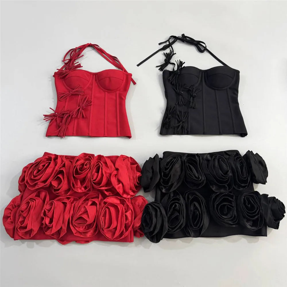 Flowers Corset Top & Ruffled Mini Skirt Set