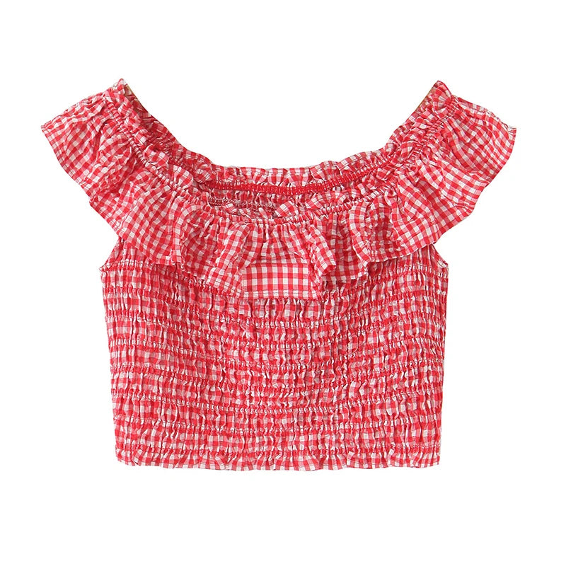 Ruffle Sexy Off Shoulder Red Plaid Blouse