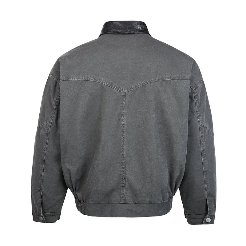 Cyberpunk Leather Collar Buttons Denim Jacket