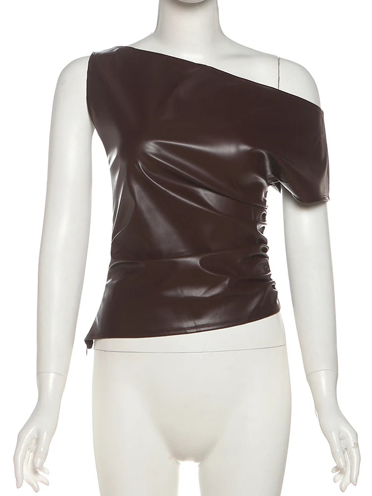 Y2K Faux Leather Brown Top