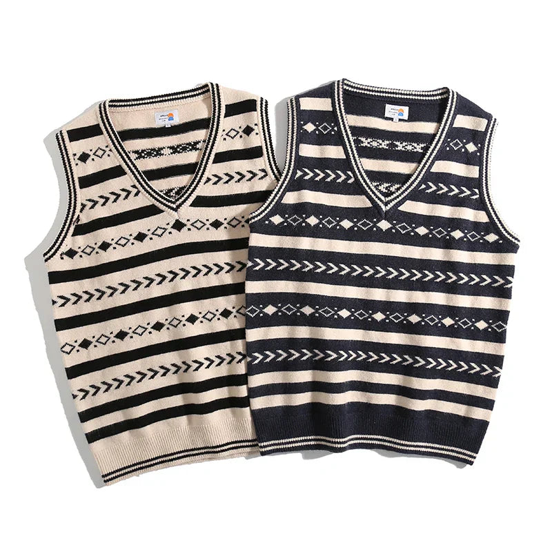 Suéter sin mangas vintage de punto jacquard con cuello en V