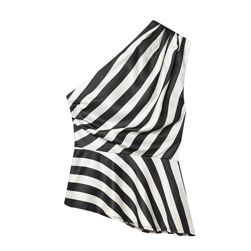 Striped One Shoulder Sleeveless Blouse