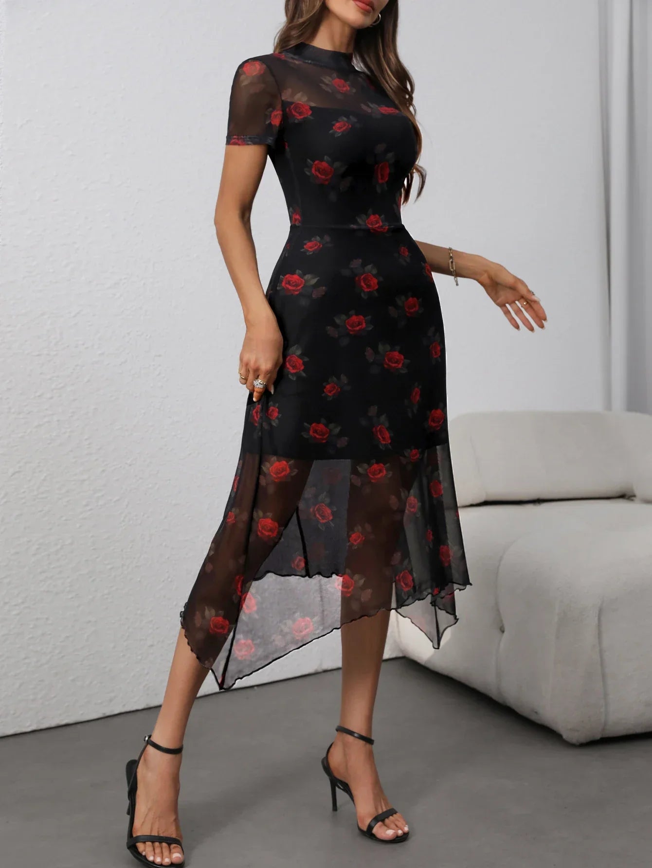 Dark Elegant Floral Print Mesh Maxi Dress