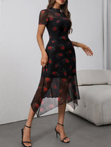 Dark Elegant Floral Print Mesh Maxi Dress