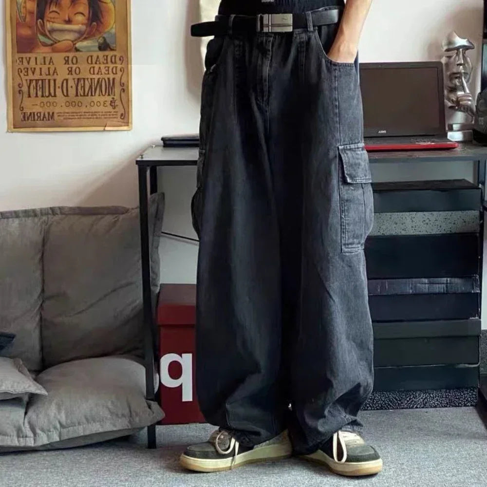 Washed Wide Leg Cargo Jeans