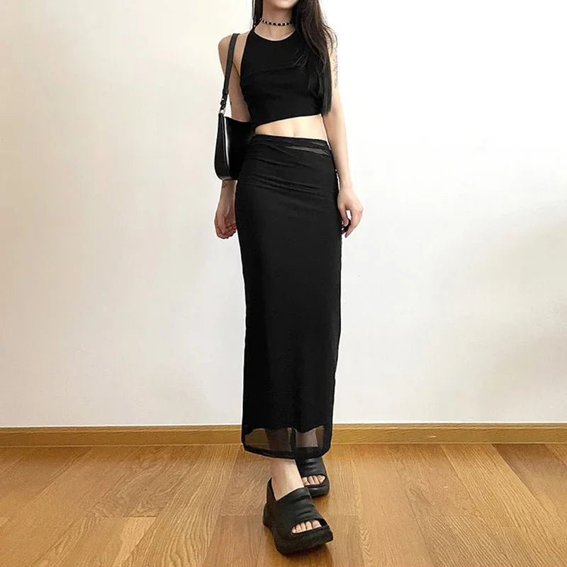 Sexy Mesh Patchwork Black Long Skirt