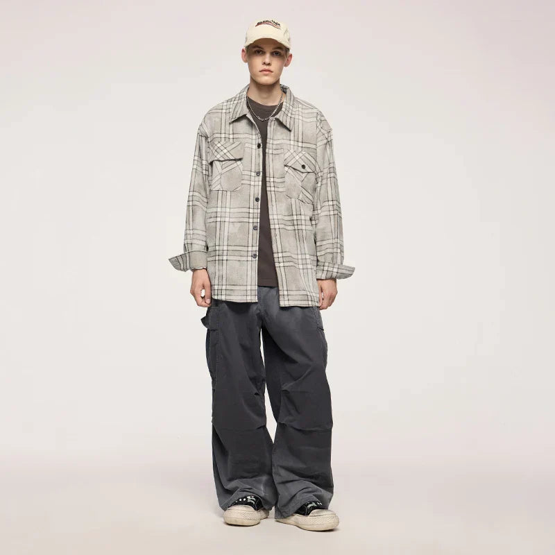 Plaid Distressed Oversize Pocket Long Sleeve Shirt