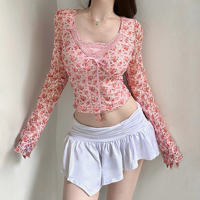 Coquette Floral Print Patchwork Top