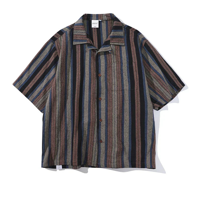 Camisa vintage de rayas con cuello cubano holgado