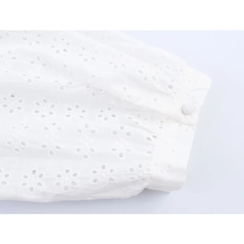Openwork Embroidery Casual White Blouse