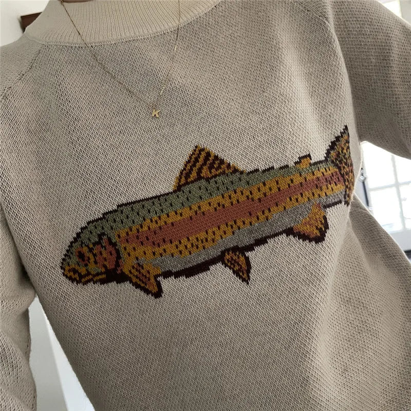 Y2K Damen Pullover mit Fisch-Print