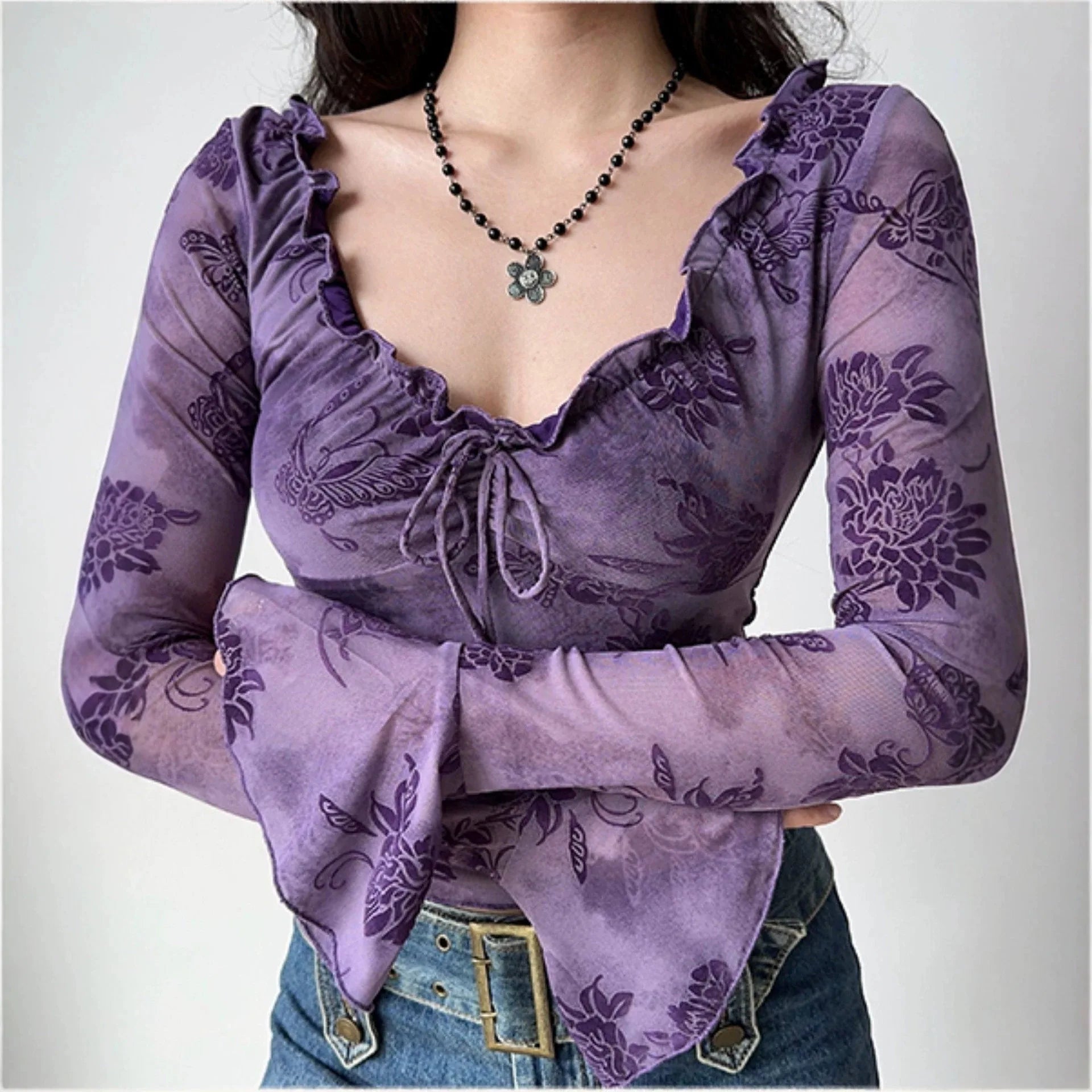 Y2K Floral Purple Blouse