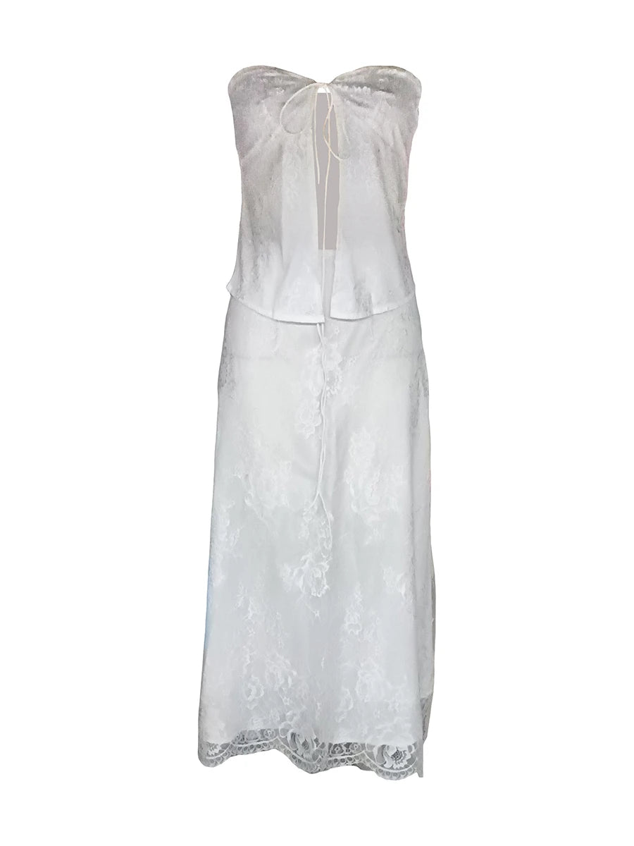 Fairycore Lace Strapless Top & Maxi Skirt Two Piece Set