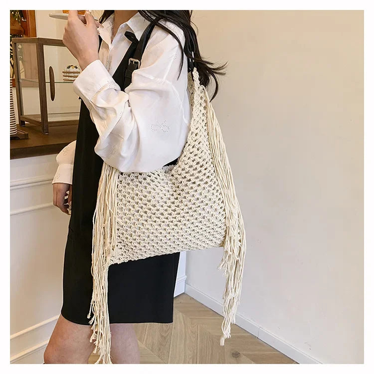 Hollow Out Knitted Tassel Shoulder Bag