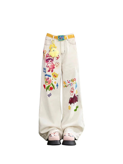 Indie aesthetic beige graffiti straight leg jeans.