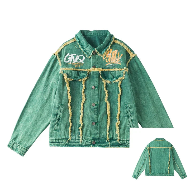 Cyberpunk Stitched Green Long Sleeve Denim Jacket