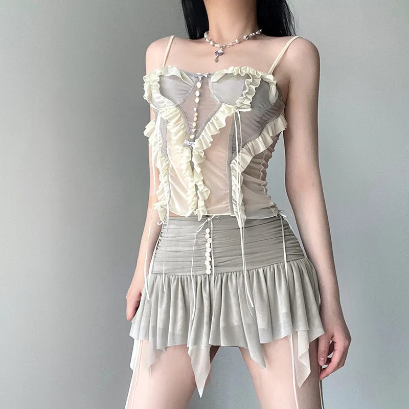 Fairycore Ruffled Mesh Corset Top And Skirt