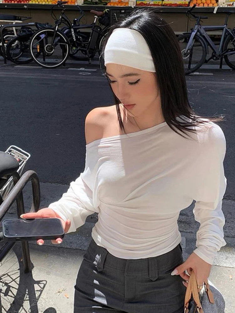 Solid Off Shoulder Long Sleeve T-shirts