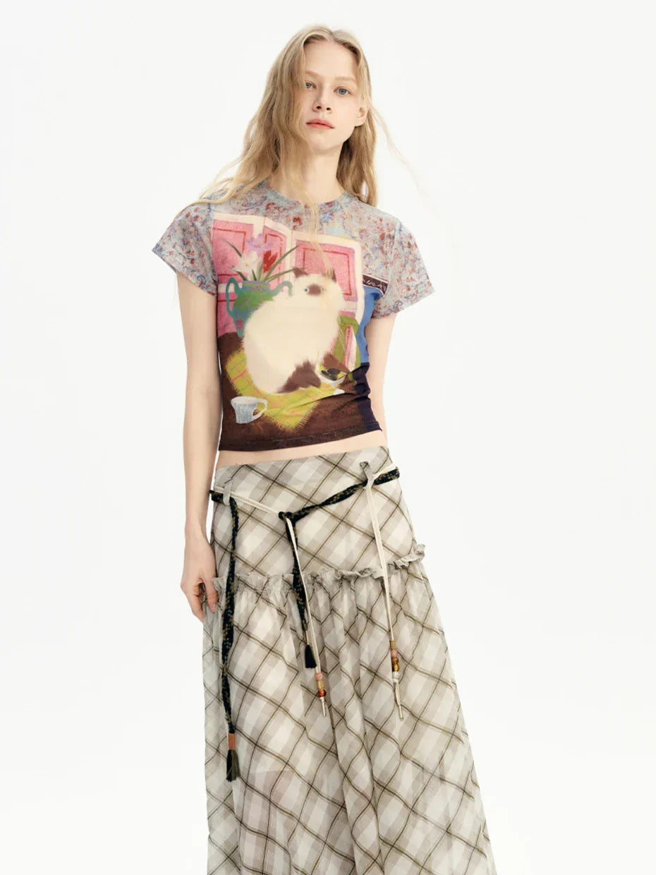 Cheerful Cat Graphic Mesh Summer T-Shirt