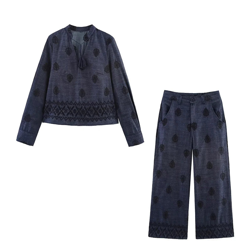 Vintage Women Embroidered Dark Blue Blouse