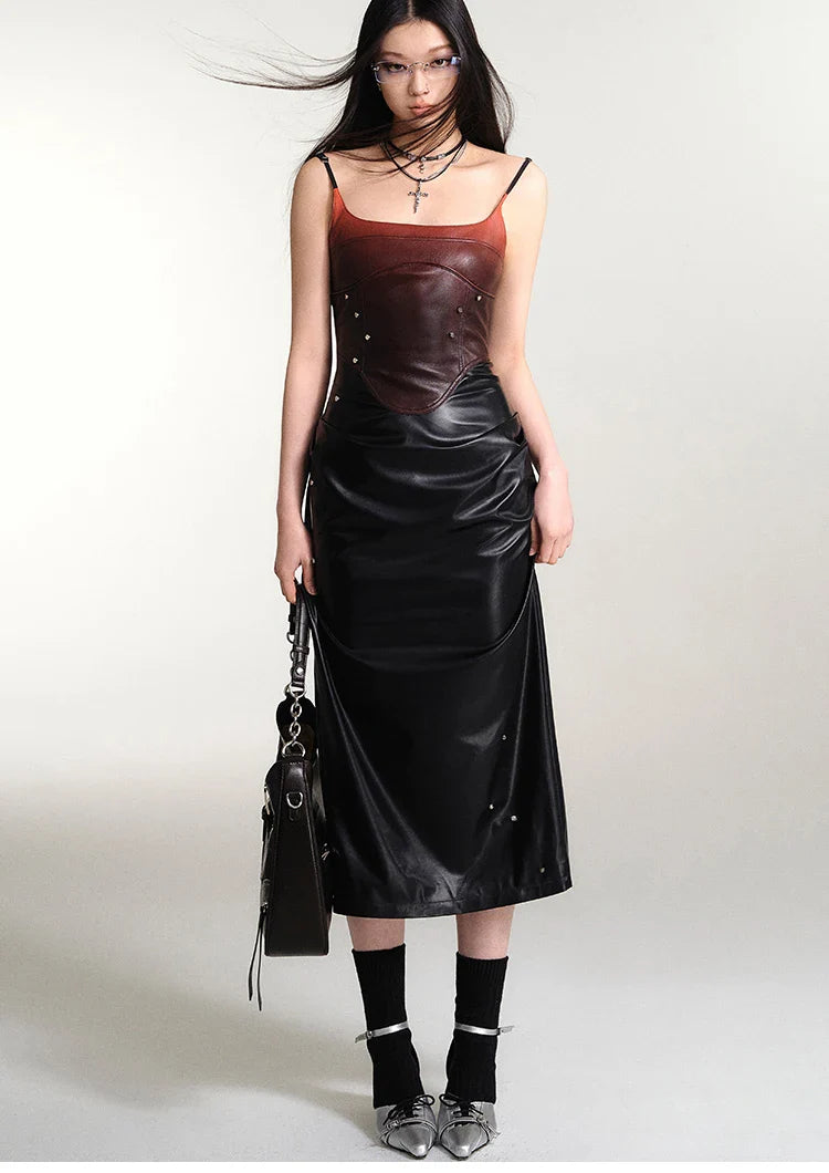 Cyberpunk Faux Leather Gradient Midi Dress