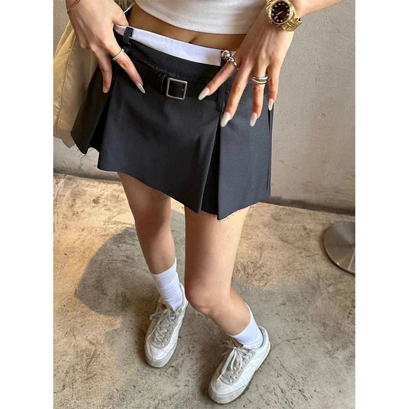Korean Patchwork Pleated Mini Skirt