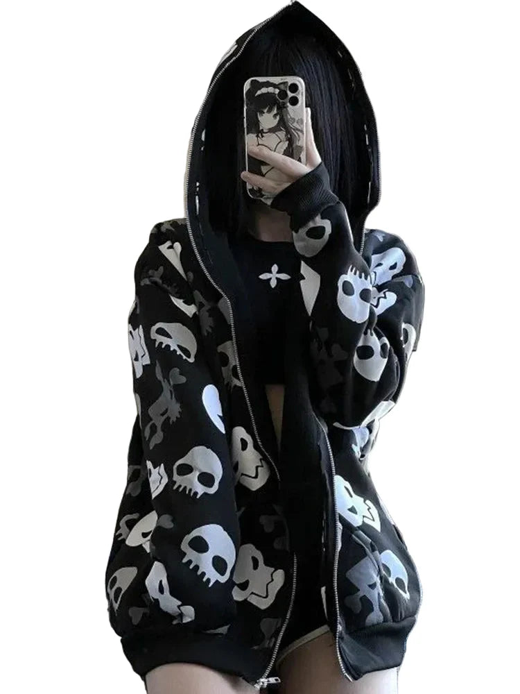 Cyberpunk Skull Print Zip-Up Goth Hoodie