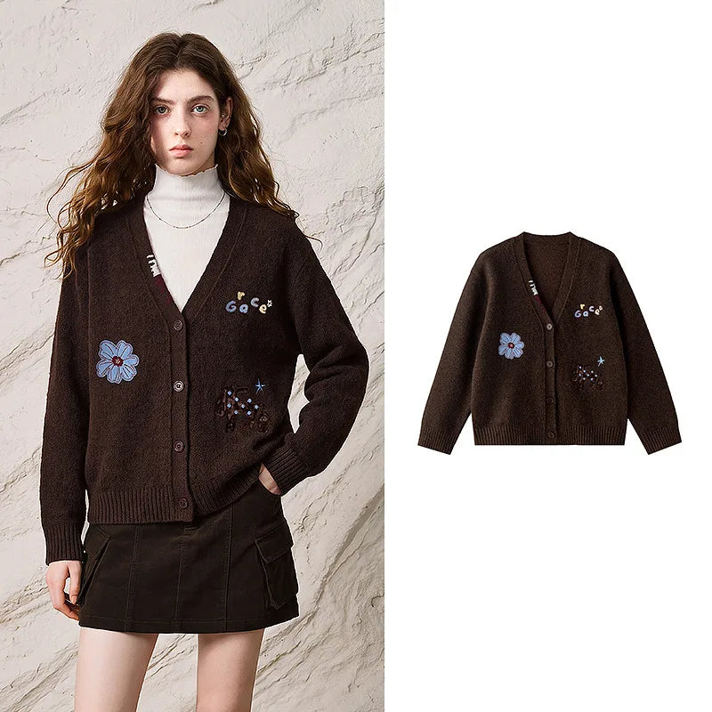 Flower Applique V-neck Cardigan