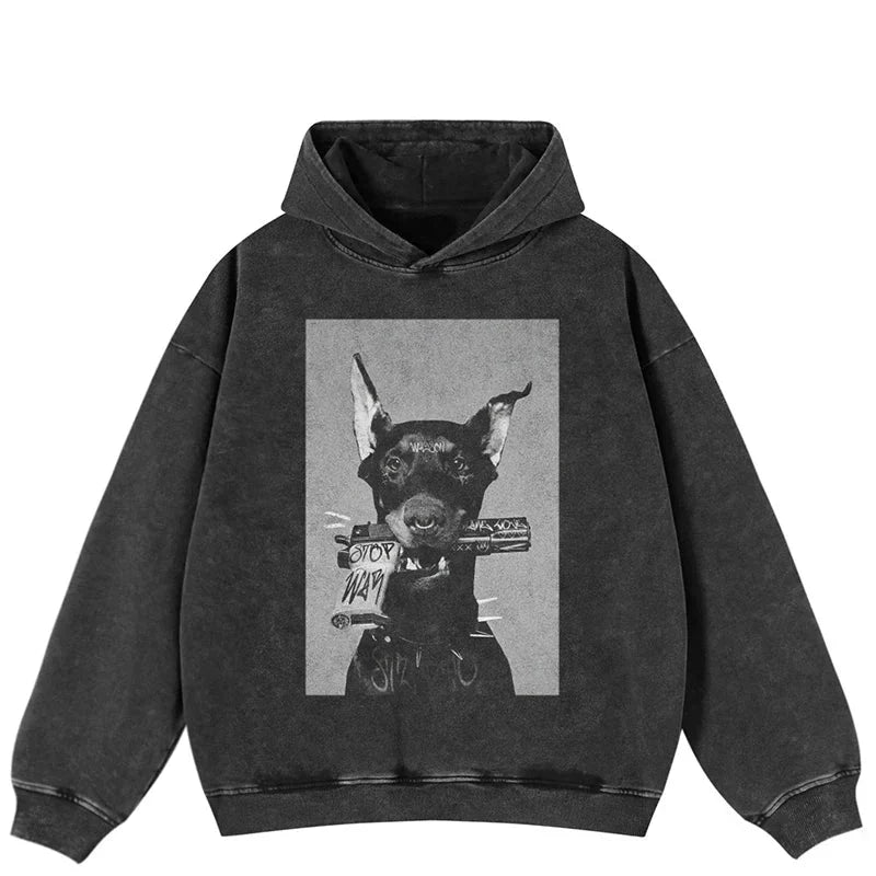 Schwerer Baumwoll-Dobermann-Hoodie, schwarz gewaschen