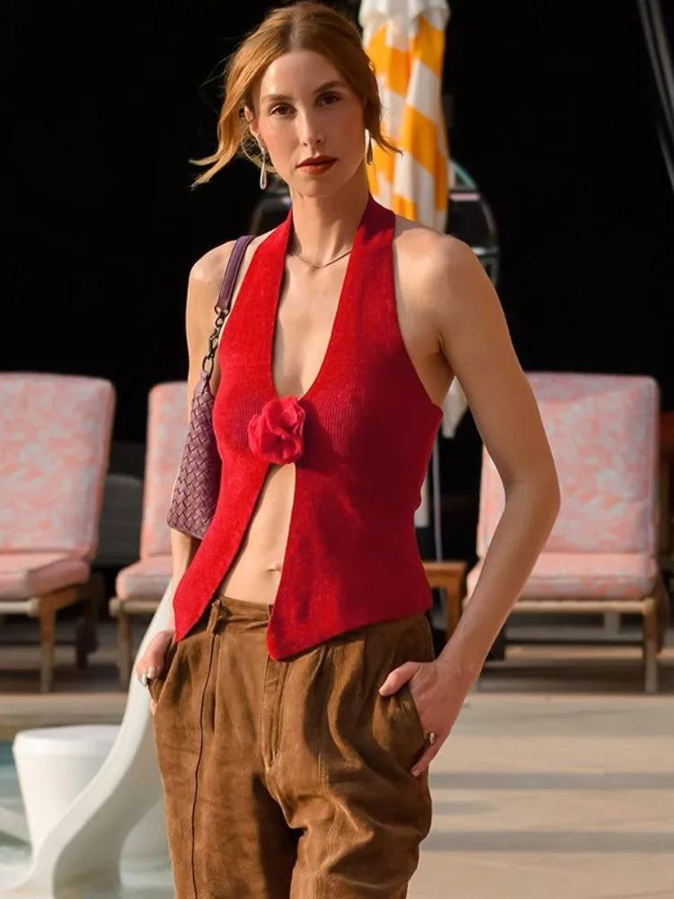 Red Floral Sleeveless V-Neck Tops