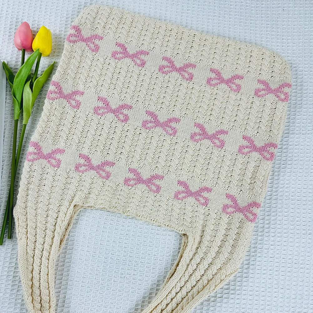 Bow Pattern Knitted Crochet Tote Bag