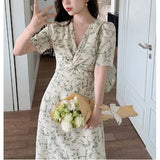Green Floral V-neck Chiffon Midi Dress