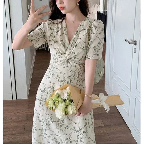 Green Floral V-neck Chiffon Midi Dress