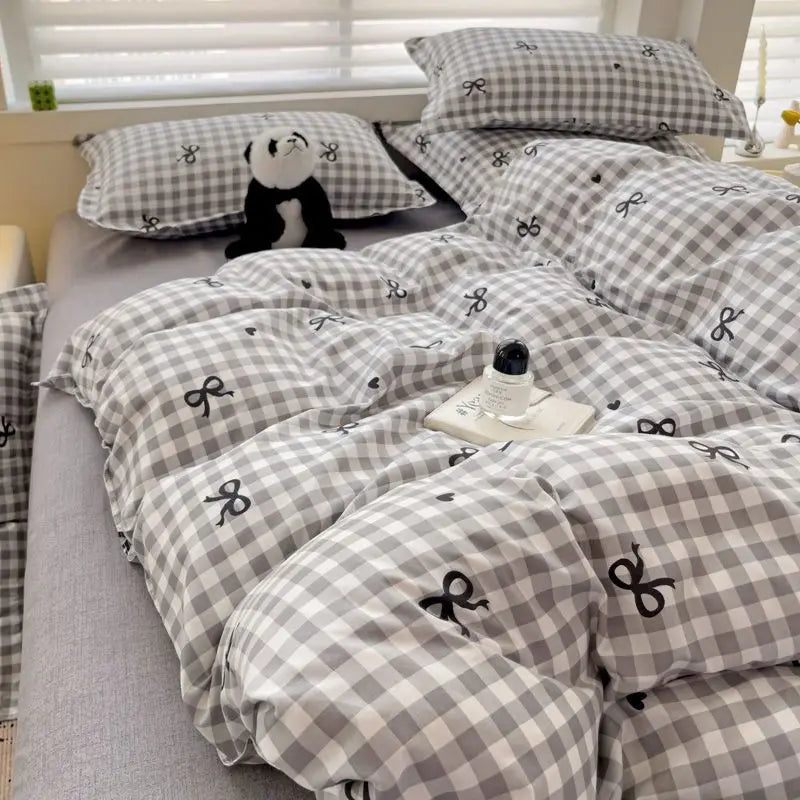Vintage Cozy Pink Plaid Bedding Set