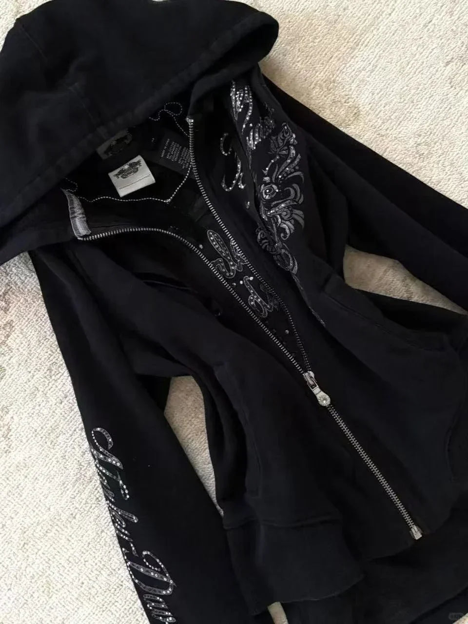 Gothic Drawstring Black Zipper Hoodie
