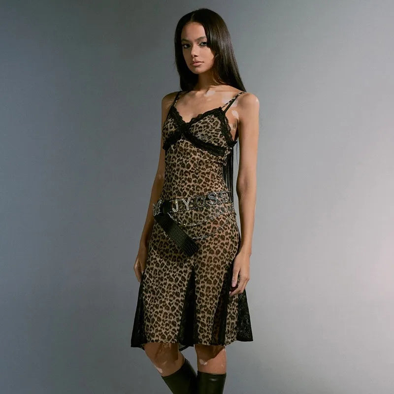 Leopard Print Grunge Spaghetti Strap Midi Dress