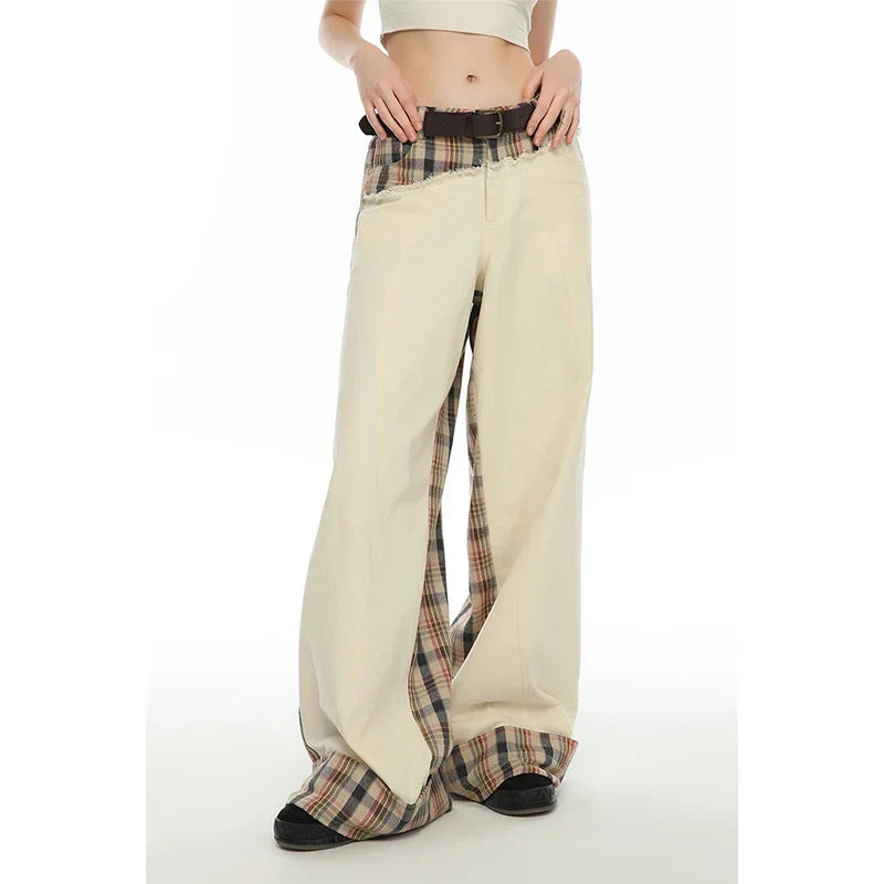 Patchwork Beige High Waist Wide Leg Pants