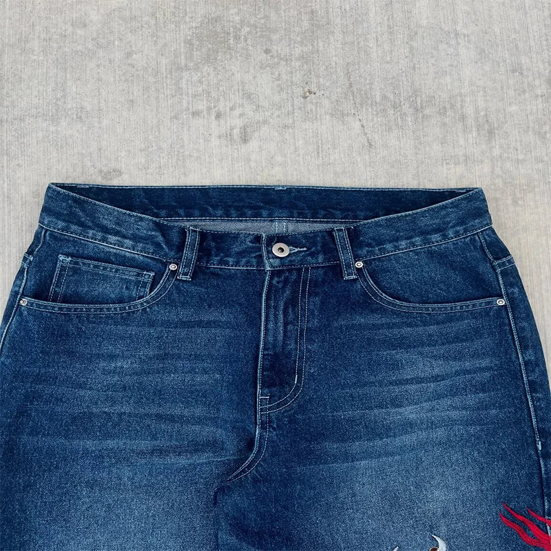 Red Dragon Embroidery Wide Leg Jeans